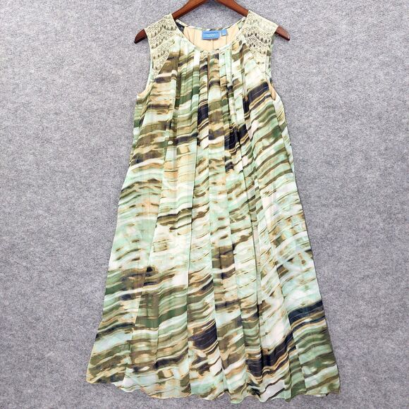 Simply Vera Wang Dress Sz L Green Cream Abstract Pleated Sleeveless Boho Comfort - Picture 1 of 12